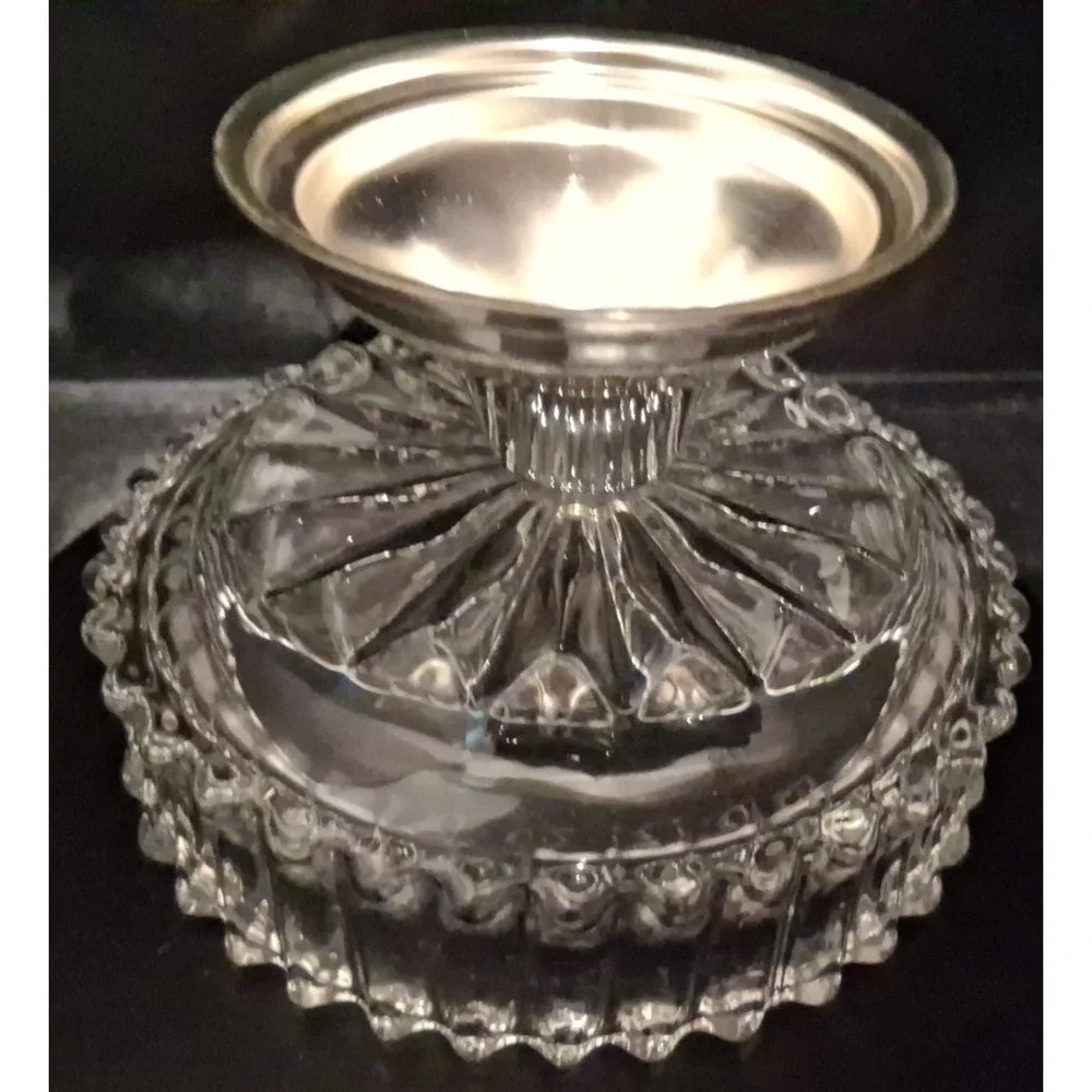 Vintage Diamond Point Glass Dessert Dish with Silver-plate Base